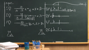 A step-by-step guide to solving a quadratic equation, written on a blackboard in a classroom.